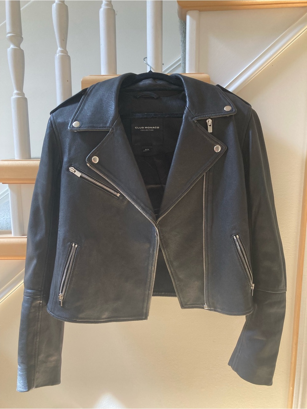 Club Monaco Black Leather Moto Jacket with Silver Hardware